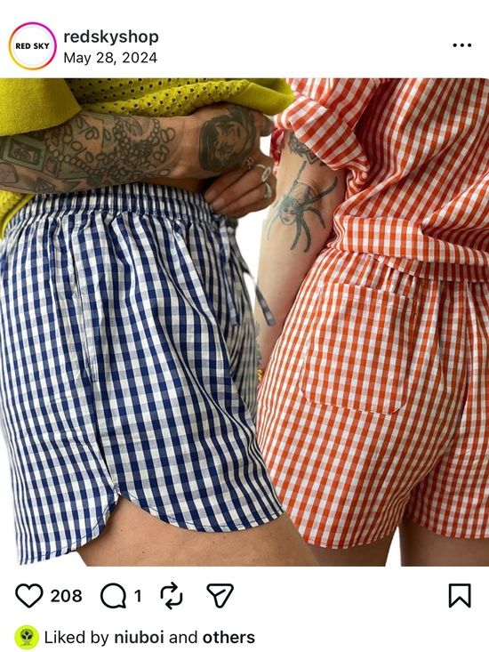 Red Sky Shop Pants - Orange Gingham Cotton Shorts